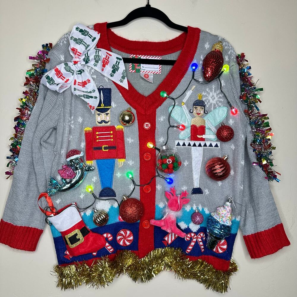Ugly Christmas Sweater Nutcracker LIGHTS UP Tinsel Xmas Party Winner Size Small
